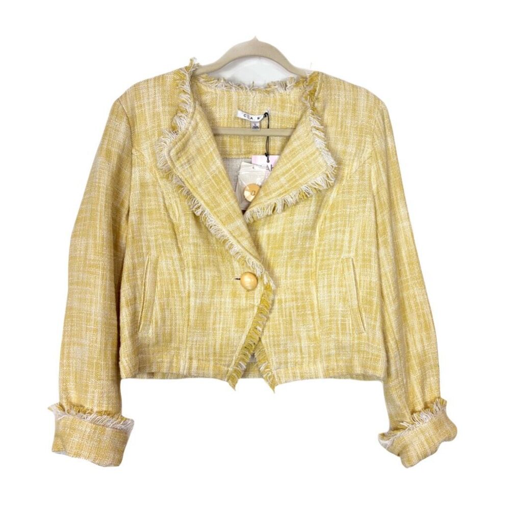NWT Cabi Daisy Large Yellow rough woven tweed crop blazer jacket Button Fringe